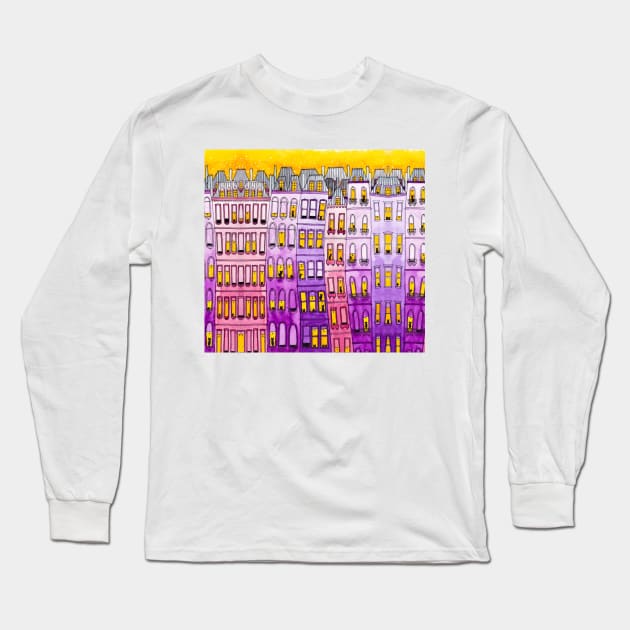 The Cats Purple Townhouses Long Sleeve T-Shirt by KilkennyCat Art